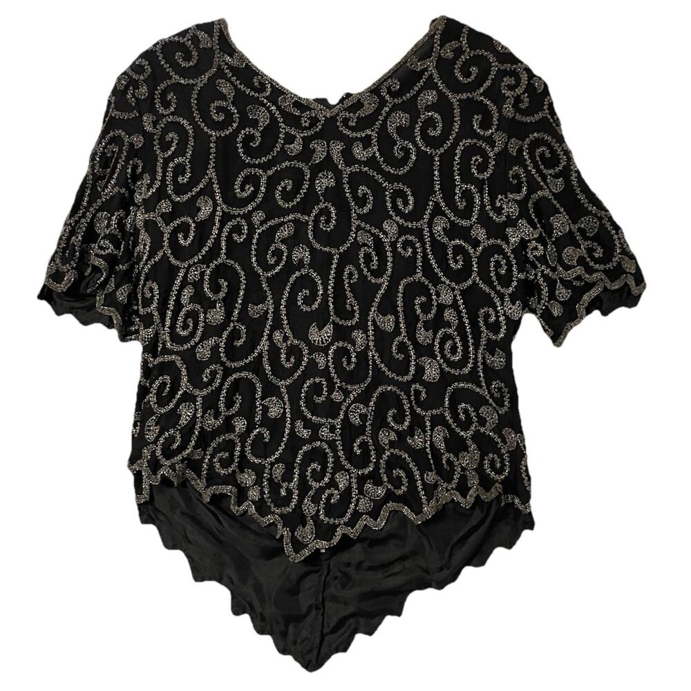 Laurence Kazar Beaded Evening Top Black Silver Holiday Party Size 1X Vintage NEW